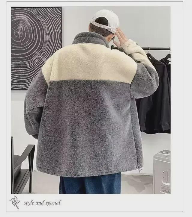 Men's Trendy Lambskin Jacket: Autumn/Winter Korean-Style Loose Workwear, Plus Velvet Thickened