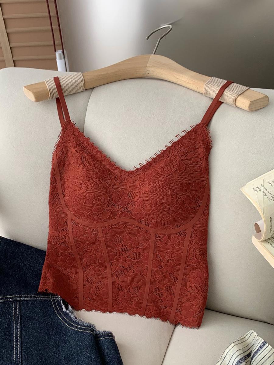 

Pure desire wind, lace thermal belt inside, chest pad, no bra, can be worn outside, thin sling vest top l 55-65kg червоний