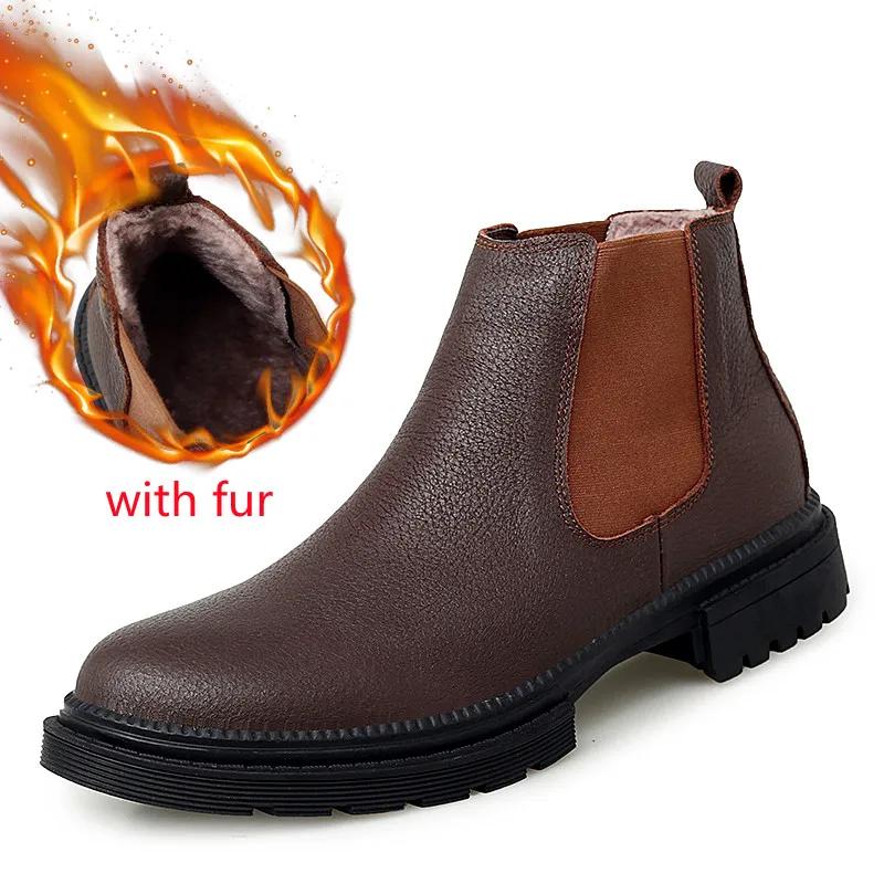 Chelsea Boots Men outdoor Handmade Business Black Red Slip on Flock genuine leather Boots Sapato Masculino plush Men snow Boots