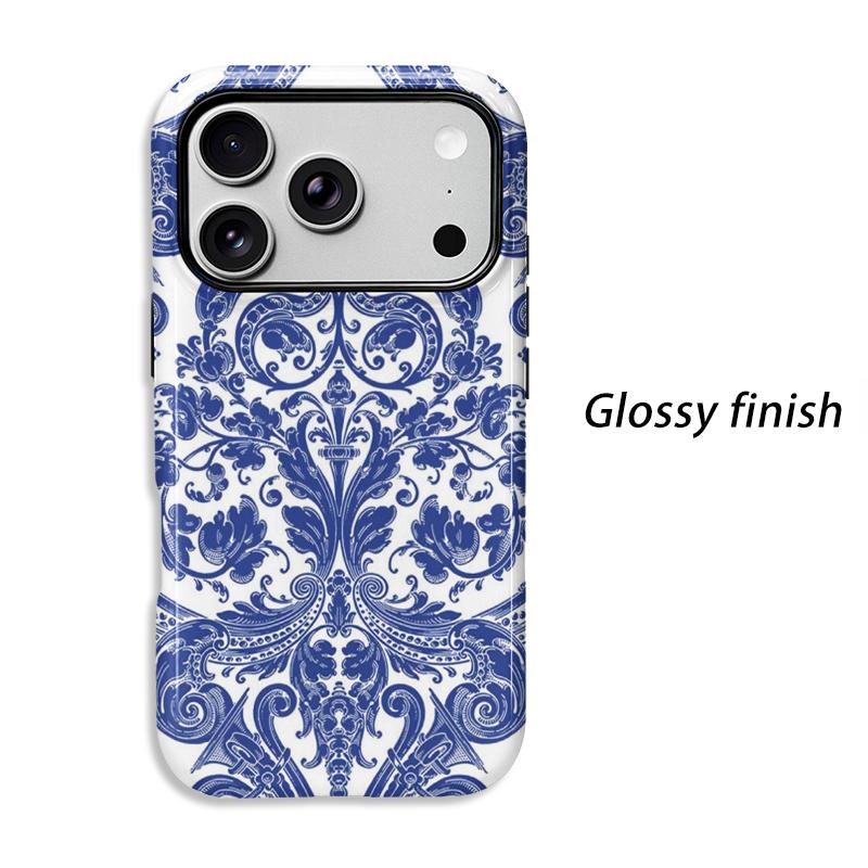 Cobalt Baroque Ornate Pattern Design Art Film Aesthetic Protective Shockproof Bumper Phone Case Cover For iPhone 14 15 16 Pro Max Plus