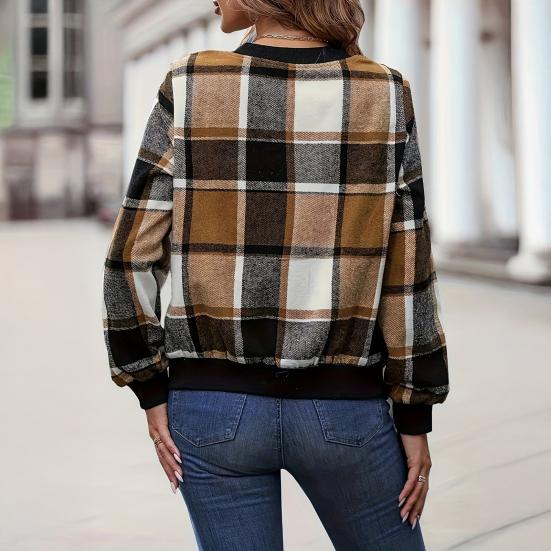 Women Jacket Stand Collar Long Sleeve Zipper Closure Short Jacket Plaid Print Ribbed Hem Cuff Casual Coat Daily Wear