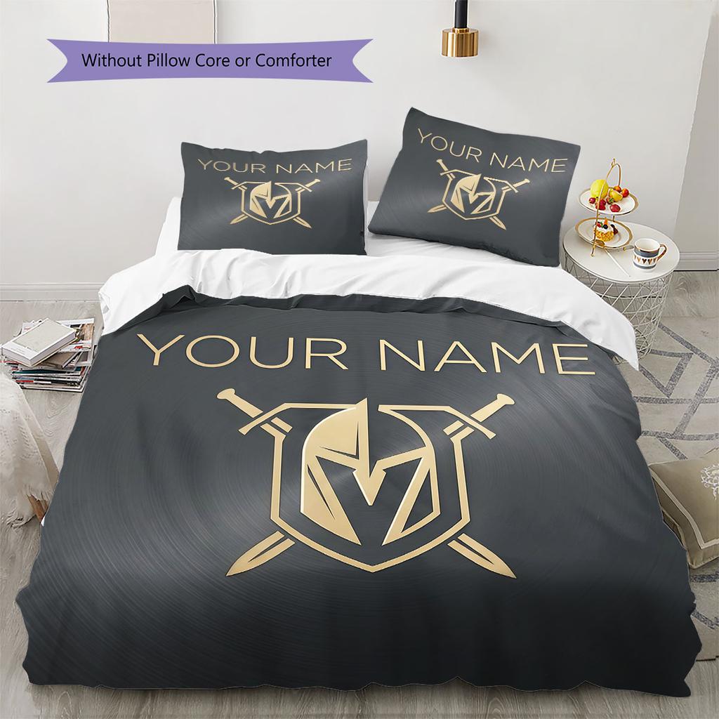 Custom Name,Vegas Golden Knights Pattern Bedding Home Decoration Birthday Gift ( 1 duvet cover + 2 pillowcase, without core),fan merchandise.
