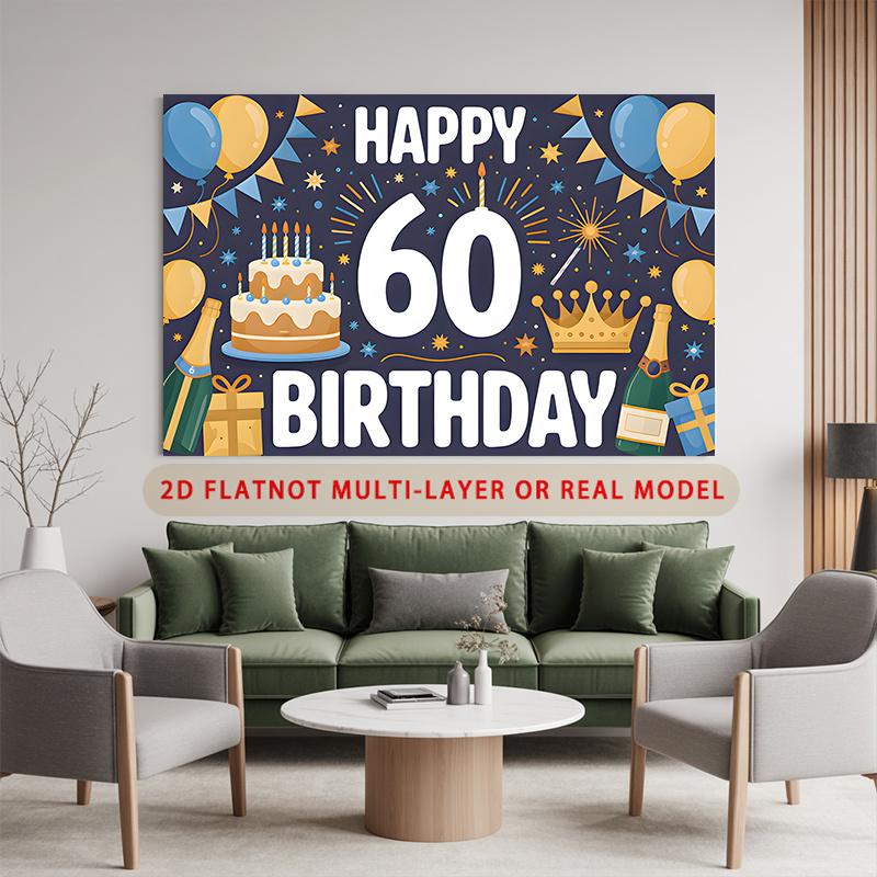 Party Backdrop Happy 60Th Birthday Birthday Fireworks Crown Blue 60th Photo Booth Background Wall Decor