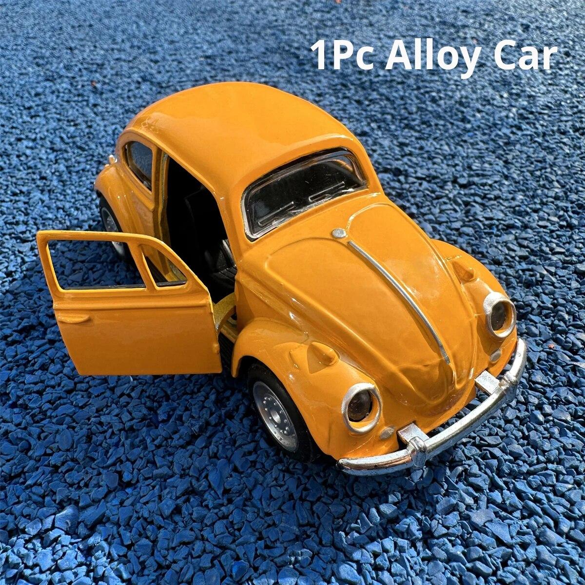 

non-toxic 1:38 Scale Alloy Car Yellow Pink Double Door Inertia Pull-back Car Retro Beetle Alloy Car Model Toy Tabletop Decoration