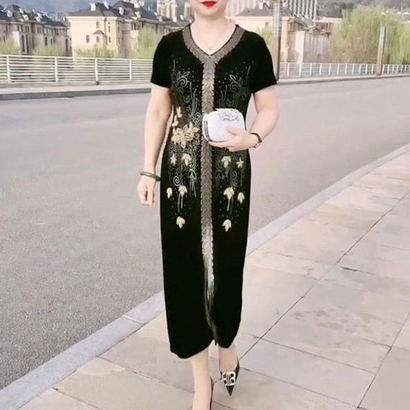 Elegant V-Neck Dresses Straight Summer Short Sleeve All-match Stylish Vintage Flowers Diamonds Midi Dress