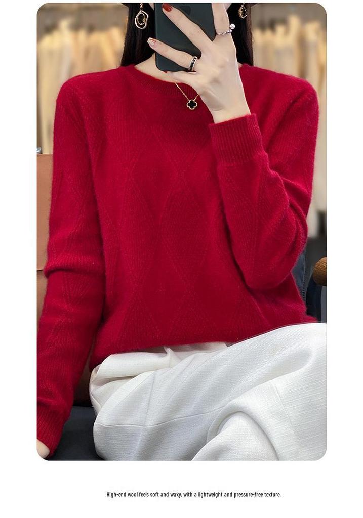 Women's Cashmere Diamond Pattern Wool Pullover - Round Neck, Loose Knit Sweater, Autumn/Winter Style.