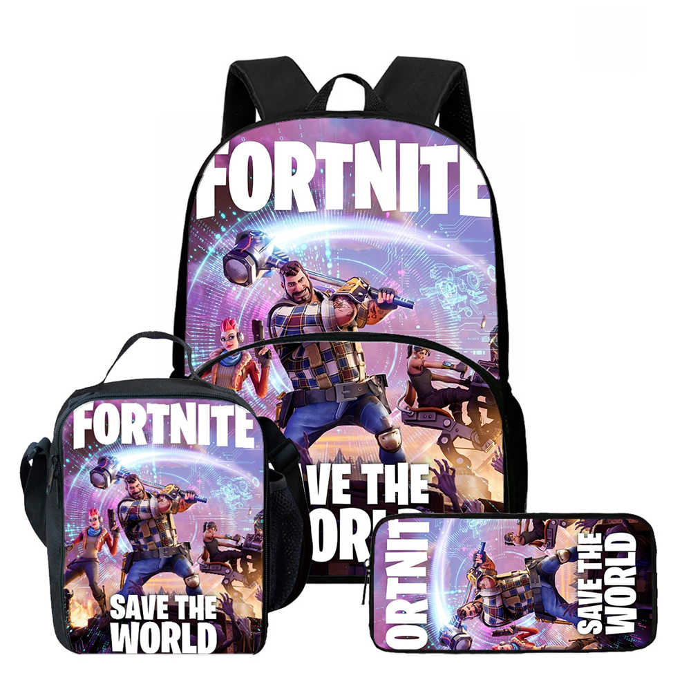 3Pcs Set School Backpack With Front Pocket & Lunch Bag & Pencil Bag,Fortnite Cartoon For Age 6-10,Lightweight For Boys & Girls