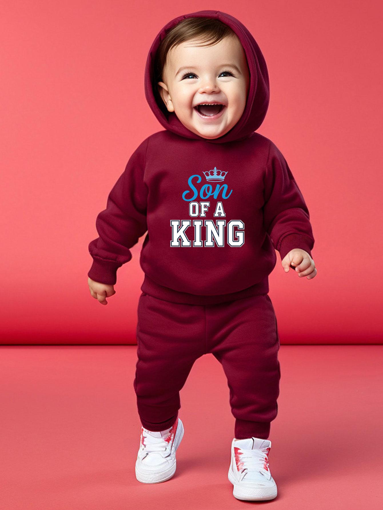 

Hooded top with cute printed text and patterns matched with elastic waist cuffed trousers, casual two-piece outfit for baby boys daily outings 2-3Y бордовий
