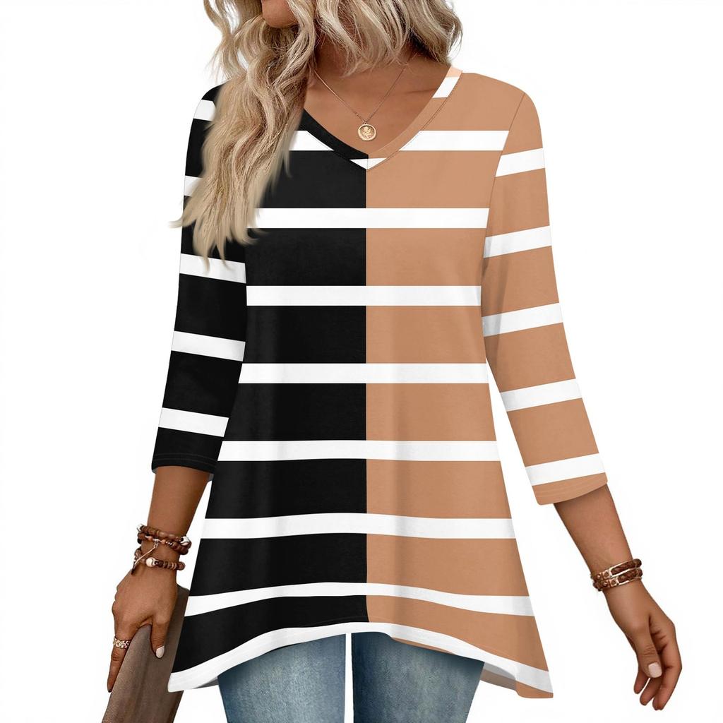 Womens Tops V-neck 3/4 Sleeve Blouses Casual Mid-length Shirts Fashion Print Tunic Tops