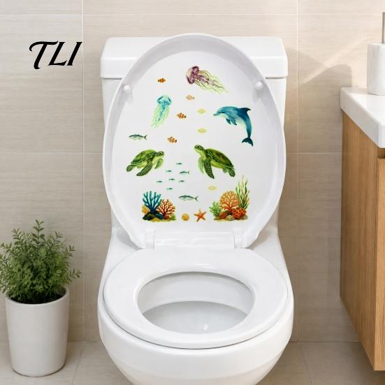 Removable Dolphin Turtle Wall Decor Ocean Themed Glow In The Dark Toilet Seat Stickers, Waterproof PVC Marine Life Decals for Nursery