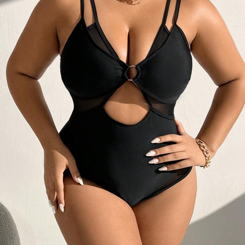 

Новый купальник большого размера, женский однотонный купальник на бретелях с вырезами, купальник-монокини для отпуска на горячих источниках, увеличенный для полных 4XL