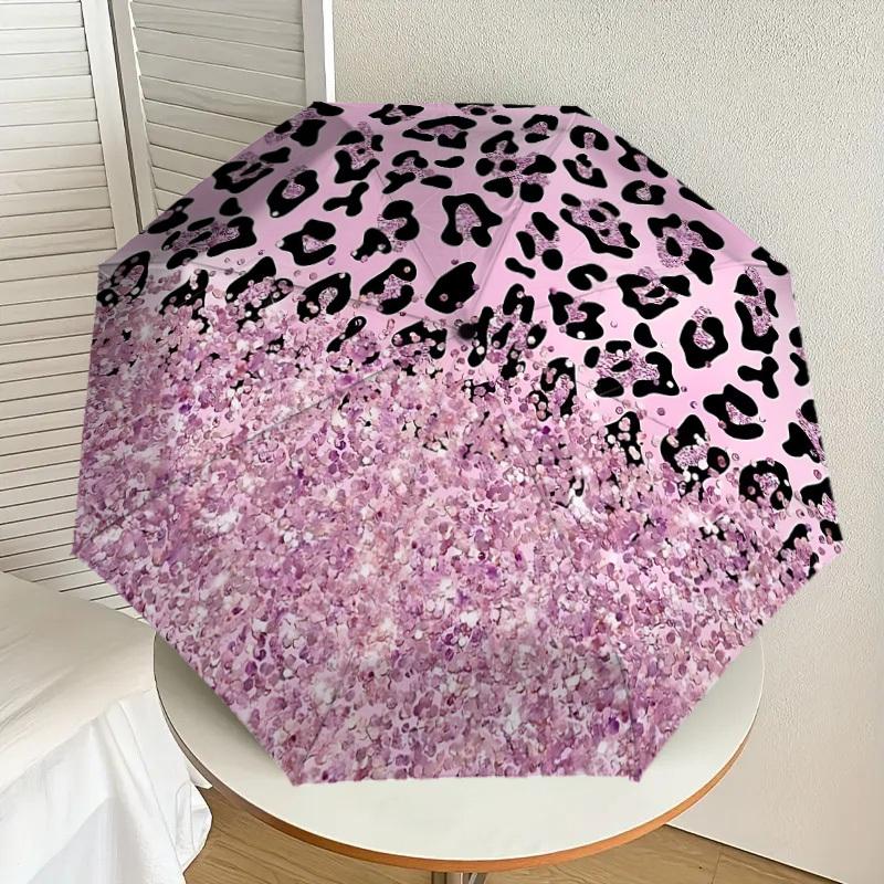 1 Stück Leopardendruck Glitzer-Regenschirm - 9 Speichen verstärkt, Automatisches Öffnen, Leicht & Langlebig, Niedliches Modeaccessoire für Draußen - P0769