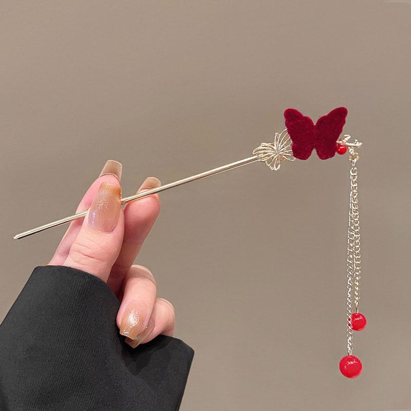 1Pc Rose Flower Exquisite Hairpin Retro Butterfly Gift Red Series Fashion Hair Accessory Tassel