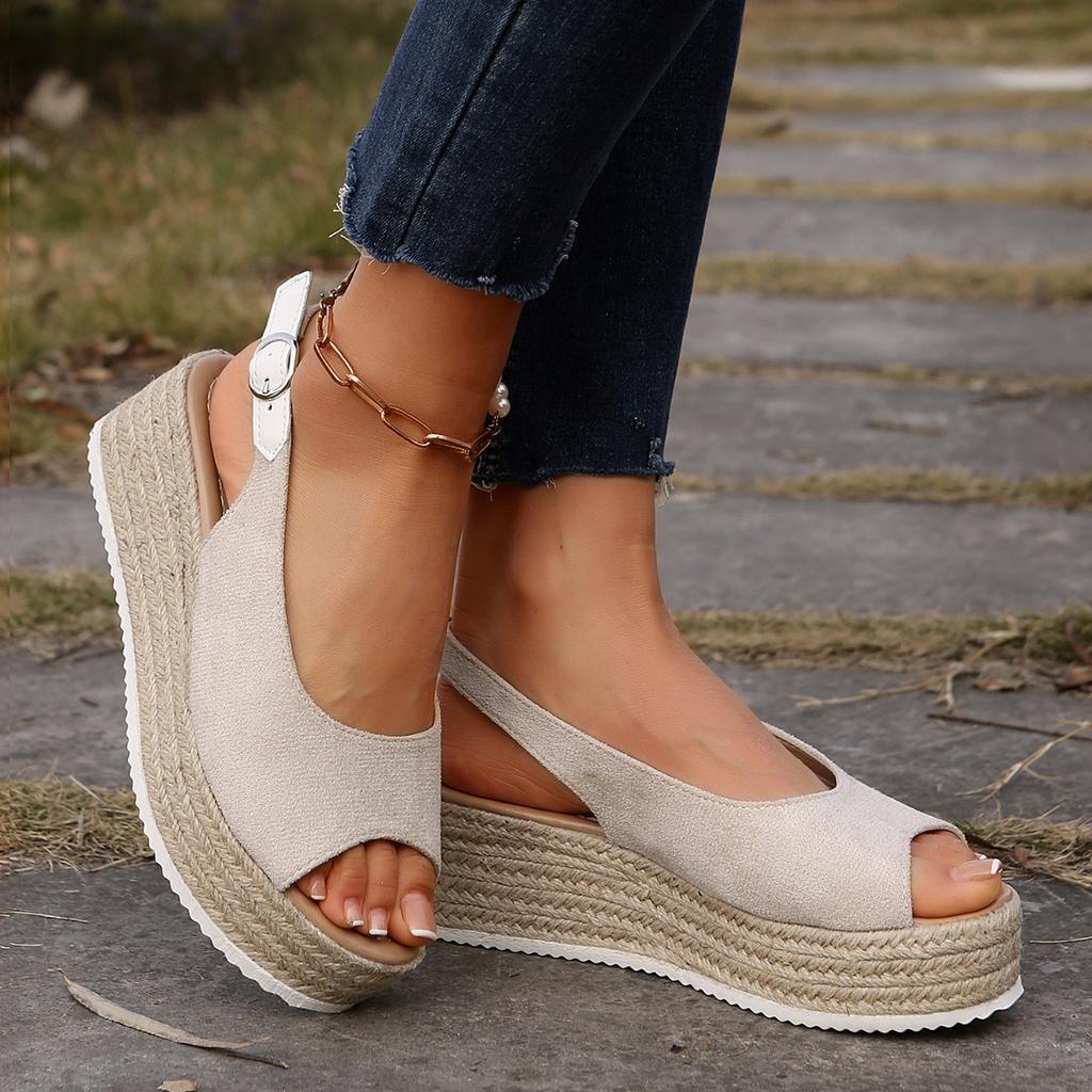 2025 Slope Heel Women's Shoes Hemp Rope Thick-soled Waterproof Table Daily Solid Color Suede Sweet Bow High-heeled Sandals