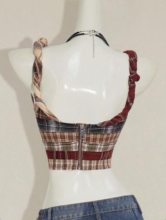 2025 High-Waisted Slimming Plaid Patchwork Zipper Bikini Camisole