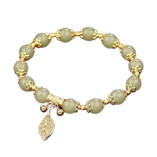 

Женский браслет со стразами и листиком, двухслойный, регулируемая длина, искусственный нефрит, гладкий, контрастный цвет, роскошь B