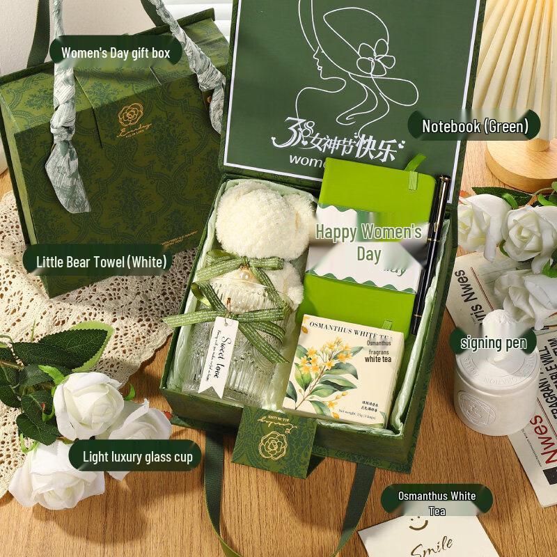 Women s Day Gift Set: Glass Cup, Towel, Notebook, Tea & Pen