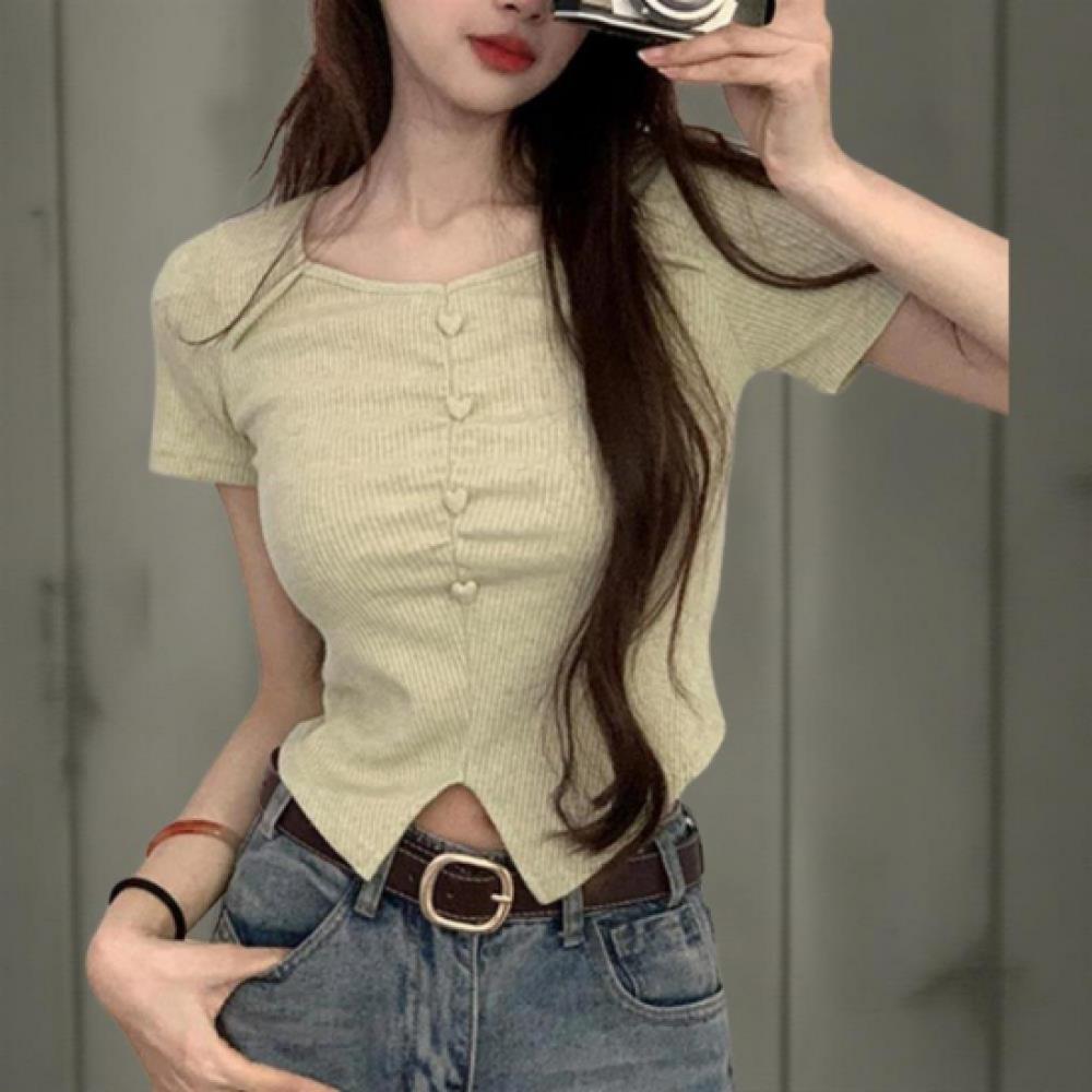New Arrivals Open Run Women Heart Button Asymmetric Slit Short Sleeve Knit Top