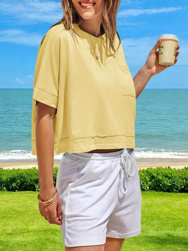 Womens Oversized Crop T Shirt Short Sleeve Workout Tee With Side Pockets