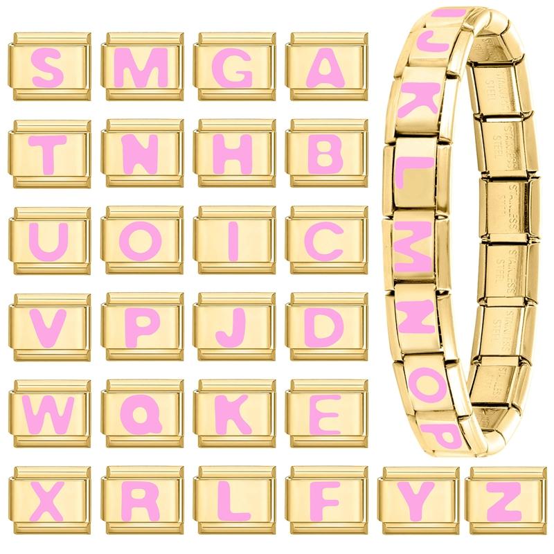 Vintage Y2K Pink 26 English Letters Gold Color Italian Charm Links Fit 9MM Bracelet Stainless Steel Making DIY Christmas Gifts