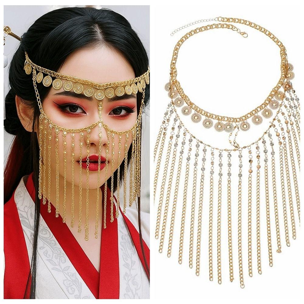 Rhinestone Curtain Head Chain Coin Bell Masquerade Mask Fashion Belly Dance Face Veil Middle East