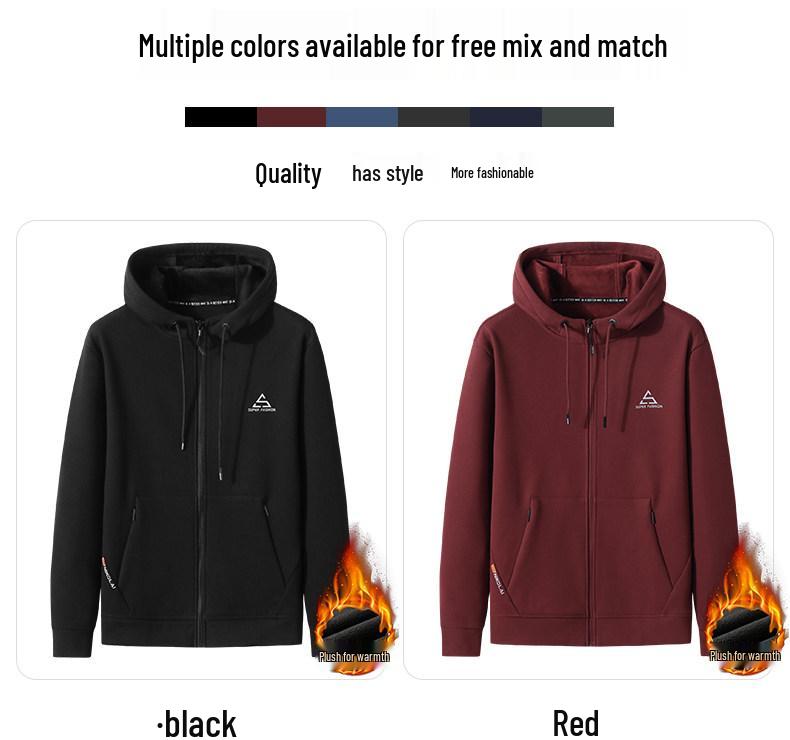 Men's Woodpecker Plus Red Knit Velvet Hoodie Jacket - Plus Size, Thin Fleece, Autumn/Winter Sports Cardigan