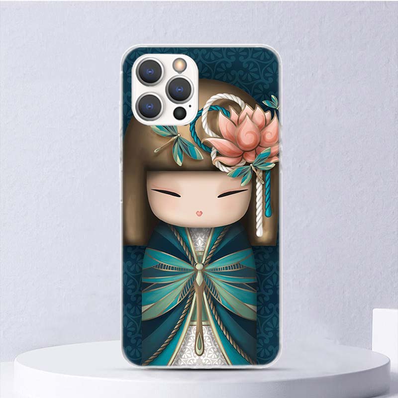 Kokeshi Doll Kimono Girl Soft Case For iPhone 16 17 Air 16E 15 Plus 11 12 13 Mini 14 Pro Max Phone Cover Apple 7 8 SE Coque Fund