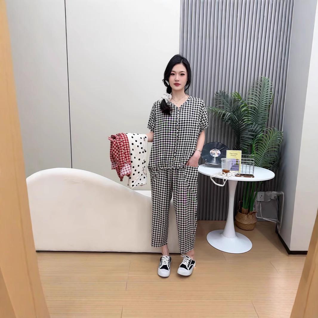 

2025 Summer Cotton-Silk Short Sleeve Nine-Point Pants Set with Rayon Thin Cardigan L