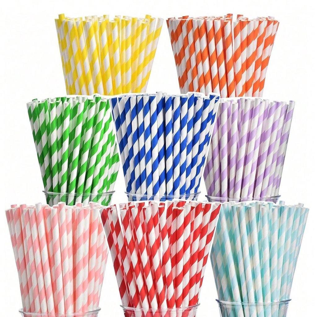 25-Pack Striped Biodegradable Paper Straws for Milk Tea and Beverages