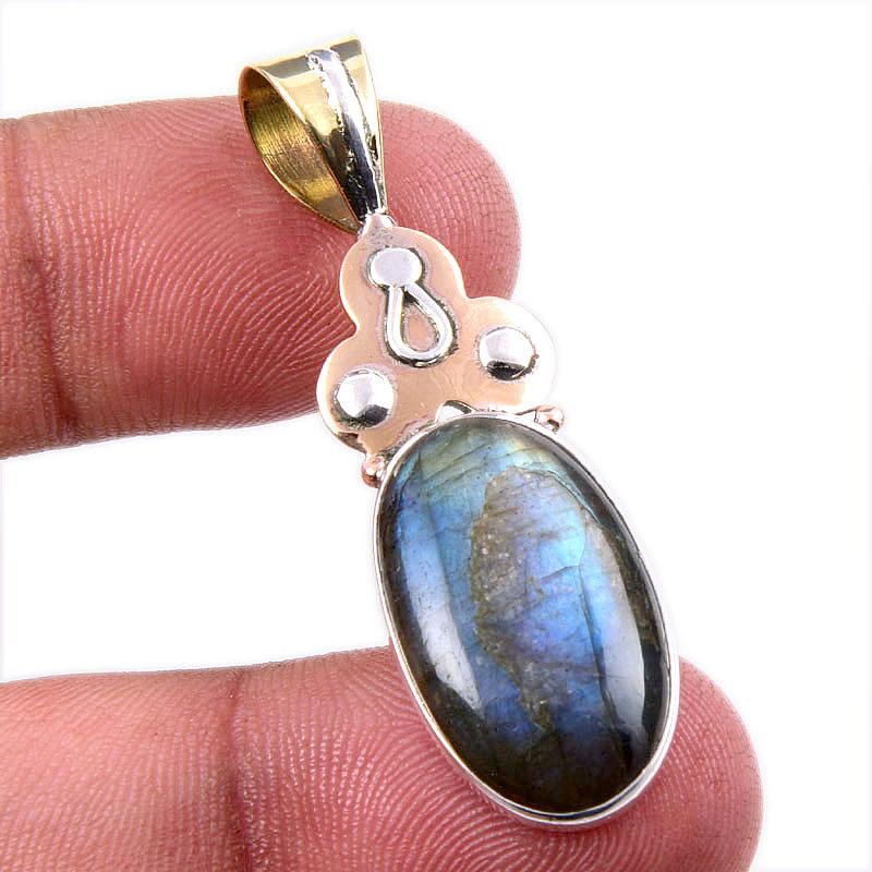 

Natural Labradorite 925 Solid Sterling Silver Jewelry TwoTone Pendant 1.75 R8D50