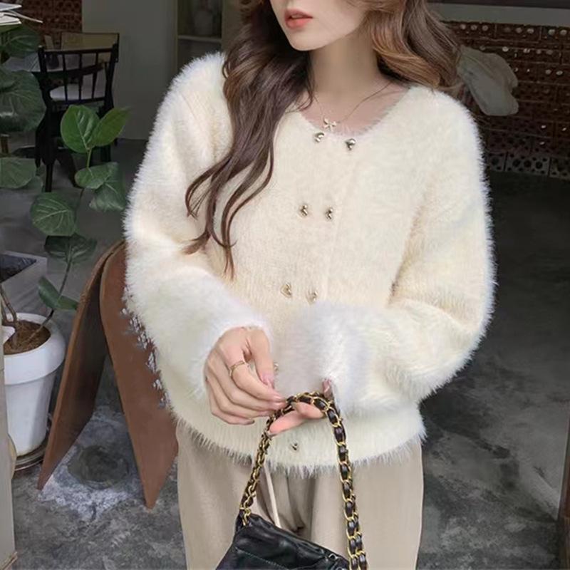 French Style Noble Mink Velvet Knit Cardigan for Women: Autumn Winter Crew Neck Solid Color Double-Breasted Sweater