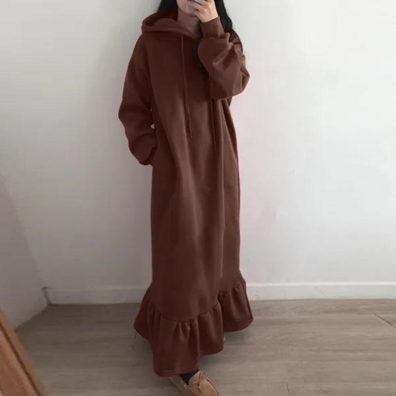 JPNTKY Fashion Autumn Winter Hooded Long Sleeve Solid Color Print Casual Dresses