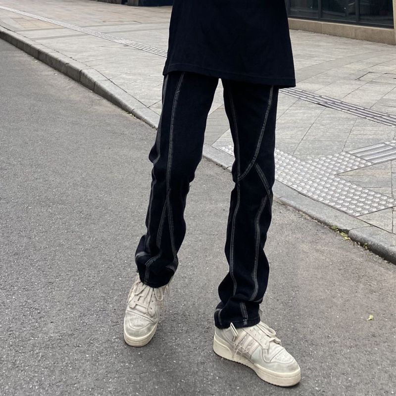 Evropská a americká vibrace ve stylu retro prošívání džíny pánské high street rovná trubka volný design smysl pro výklenek smažené pouliční kalhoty