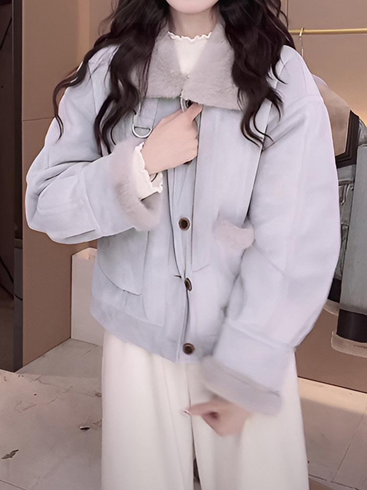 

Женская короткая куртка в корейском стиле на флисовой подкладке Осень/Зима 2024 с отложным воротником - Теплая, свободного кроя, дизайн для миниатюрных Large небесно-голубой