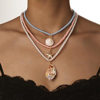 3 Bohemian Style Colorful Hemp Rope Woven Necklaces, Conch Shell Pendants, Multi-layer Women's Necklaces