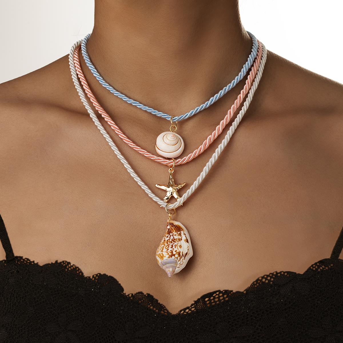 

3 Bohemian style colorful hemp rope woven necklaces, conch shell pendants, multi-layer women s necklaces