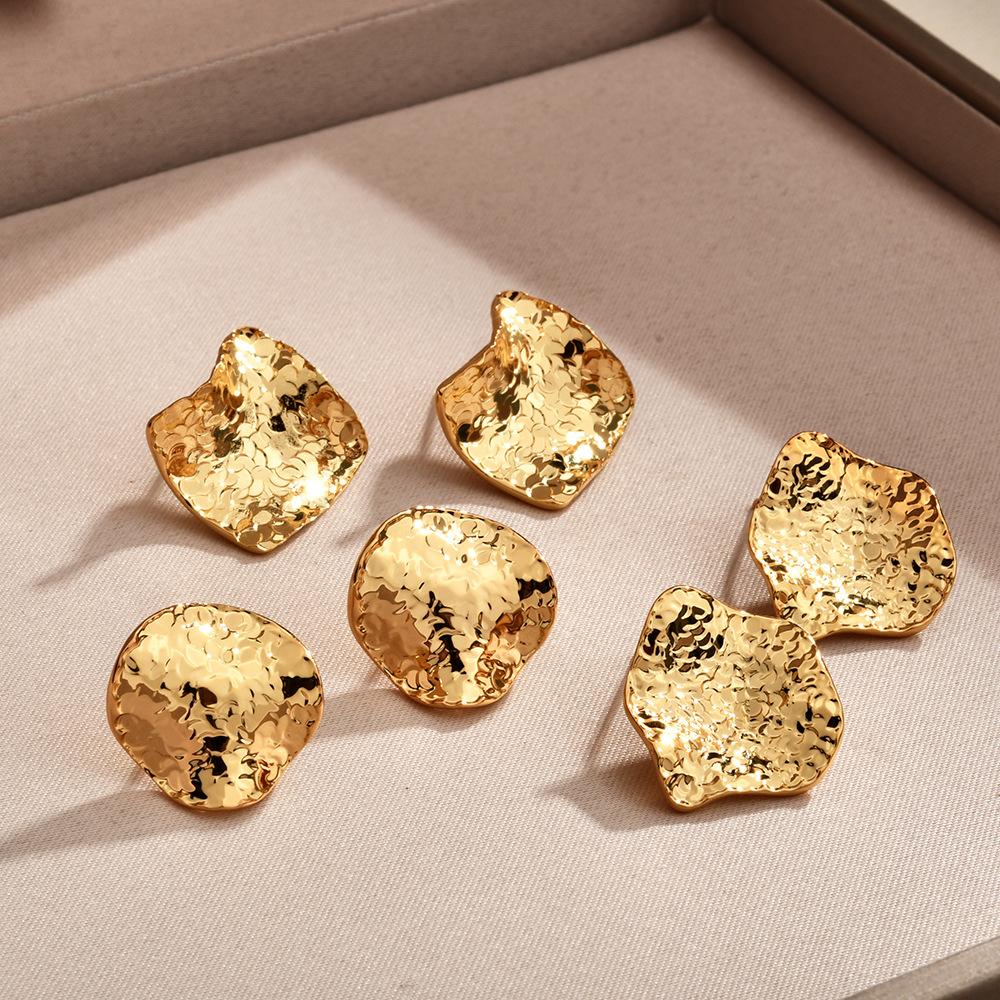 Fashion Design Pleated Metal Flash Texture Stud Earrings Retro Round Square Earrings Earrings Women
