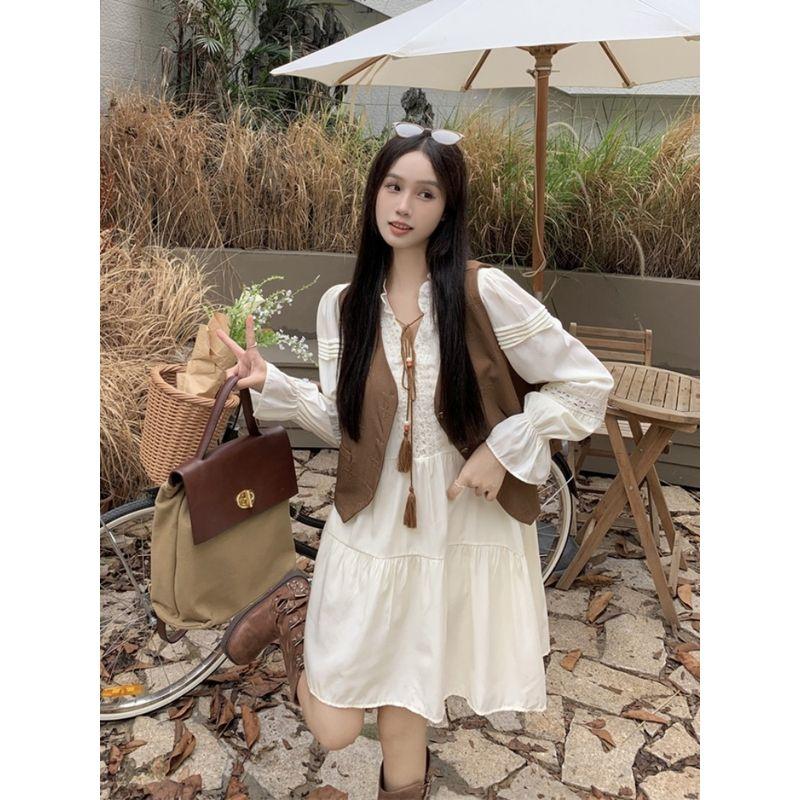 Kumikumi Gentle Wind Set French style Hollow out Long sleeve dress Women Autumn Stacked Coffee Color Vest