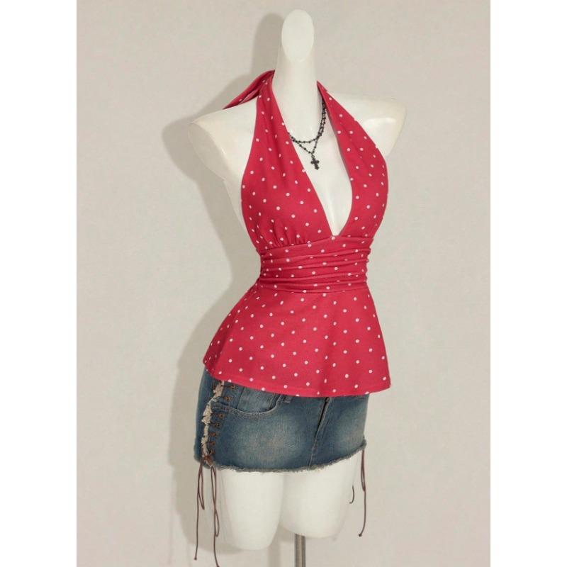 Women Halter Tie Back Backless Short Ruched Fitted Summer Camisole