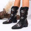 Winter Large Size Women's Western Cowboy Boots Embroidered Mid-tube Boots Pointed Thick Heel Leather Boots Retro Ethnic Women's Boots