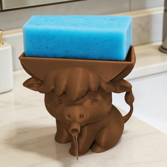 Yousheng Highland Cow Sponge Holder with Drainage Bathroom Kitchen Sink Countertop 3D Printed Cattle Sponge Stand Multifunctional Sponge Organizer