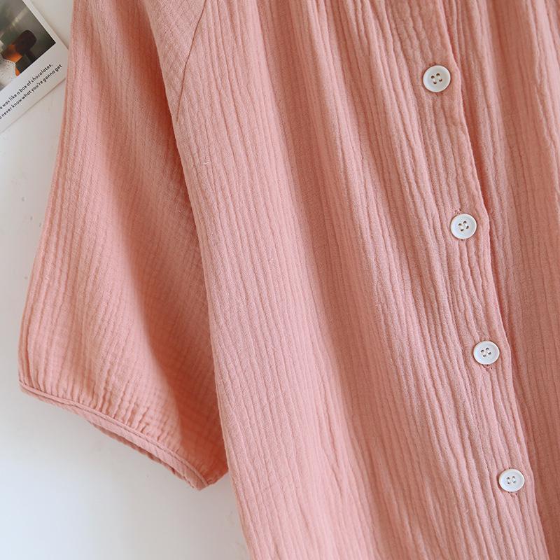 Summer Mid-long Style Women's Short Sleeved Pajamas Nightgowns Thincotton Cardigan and Round Neck Simple Solid Color Sleep Dress