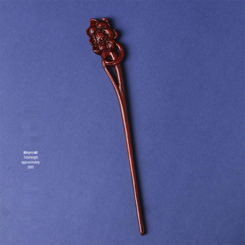 Red Sandalwood Women's Retro Hanfu Hairpins: Hollow Carved Moon Rabbit Wooden Ornaments