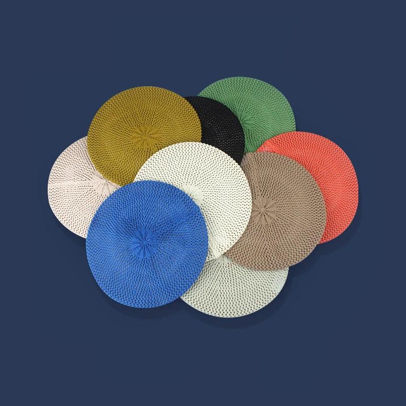 New Korean Hollow Solid Color Knitted Beret Hat For Women Summer Breathable Weave Painter Hats All-Match Trend Flat Cap Artists
