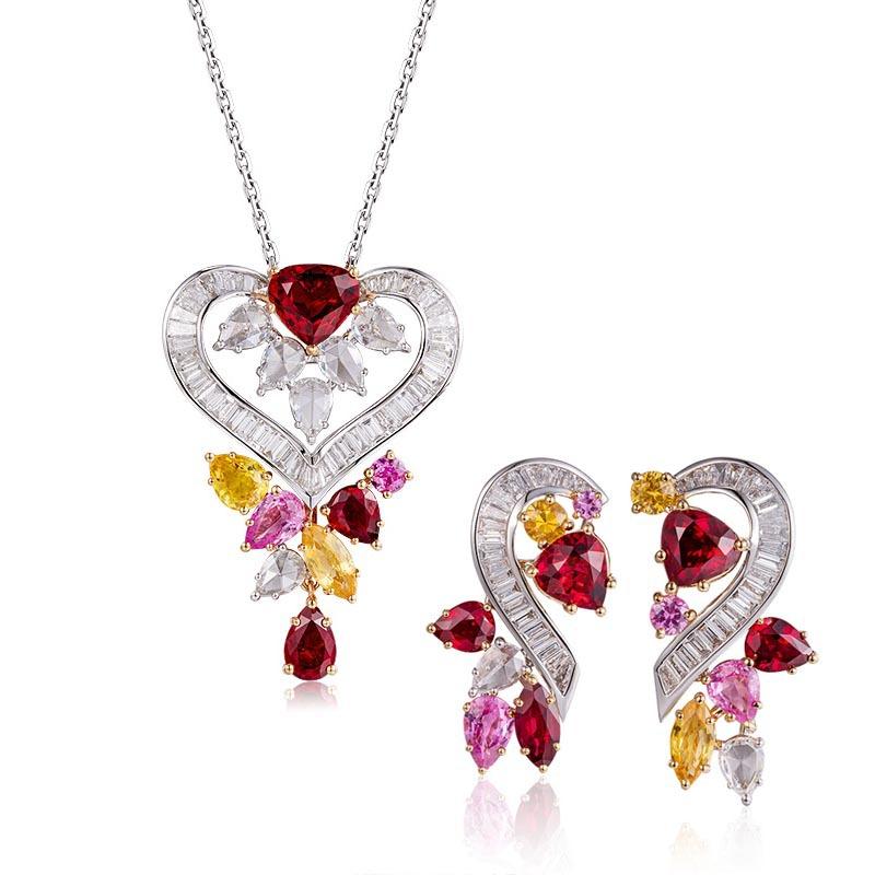 Designer Haute Couture Jewelry Super Fairy Colored Treasure Set Necklace, Light Luxury Full Diamond Ruby Pendant T Square Diamond Stud Earrings Women