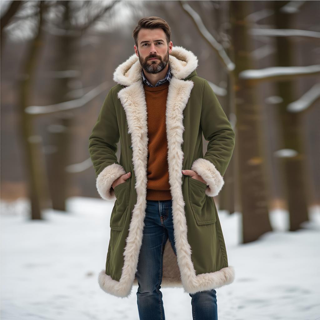 Men Fleece Lined Trench Coat Hooded Long Warm Jacket Wind Proof  Jacket Coat With Pockets