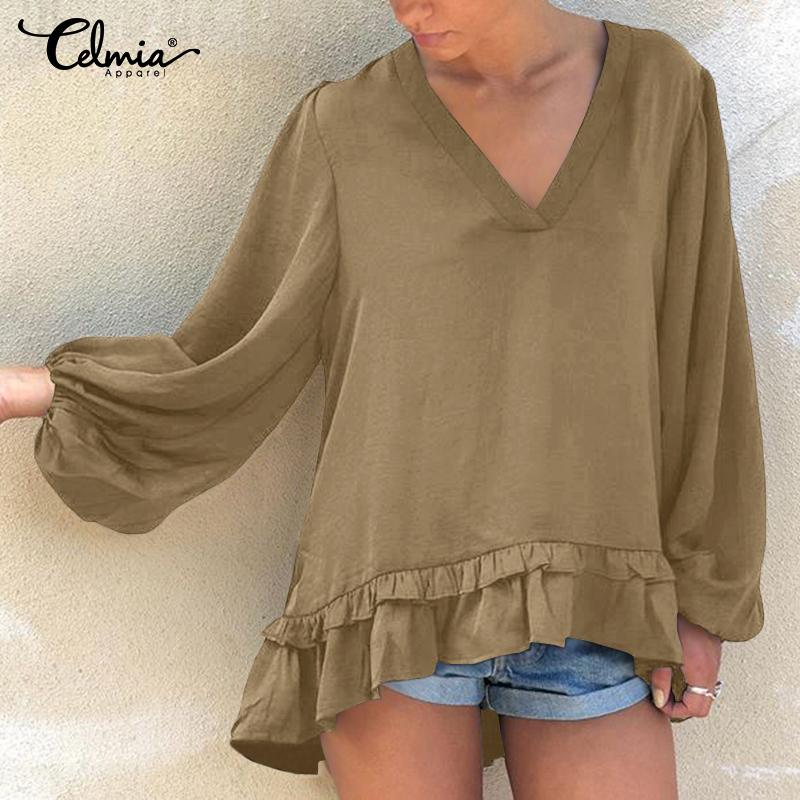 

Celmia Весенняя Женская нерегулярный подол Puff Длинные рукава V-образный вырез Топы