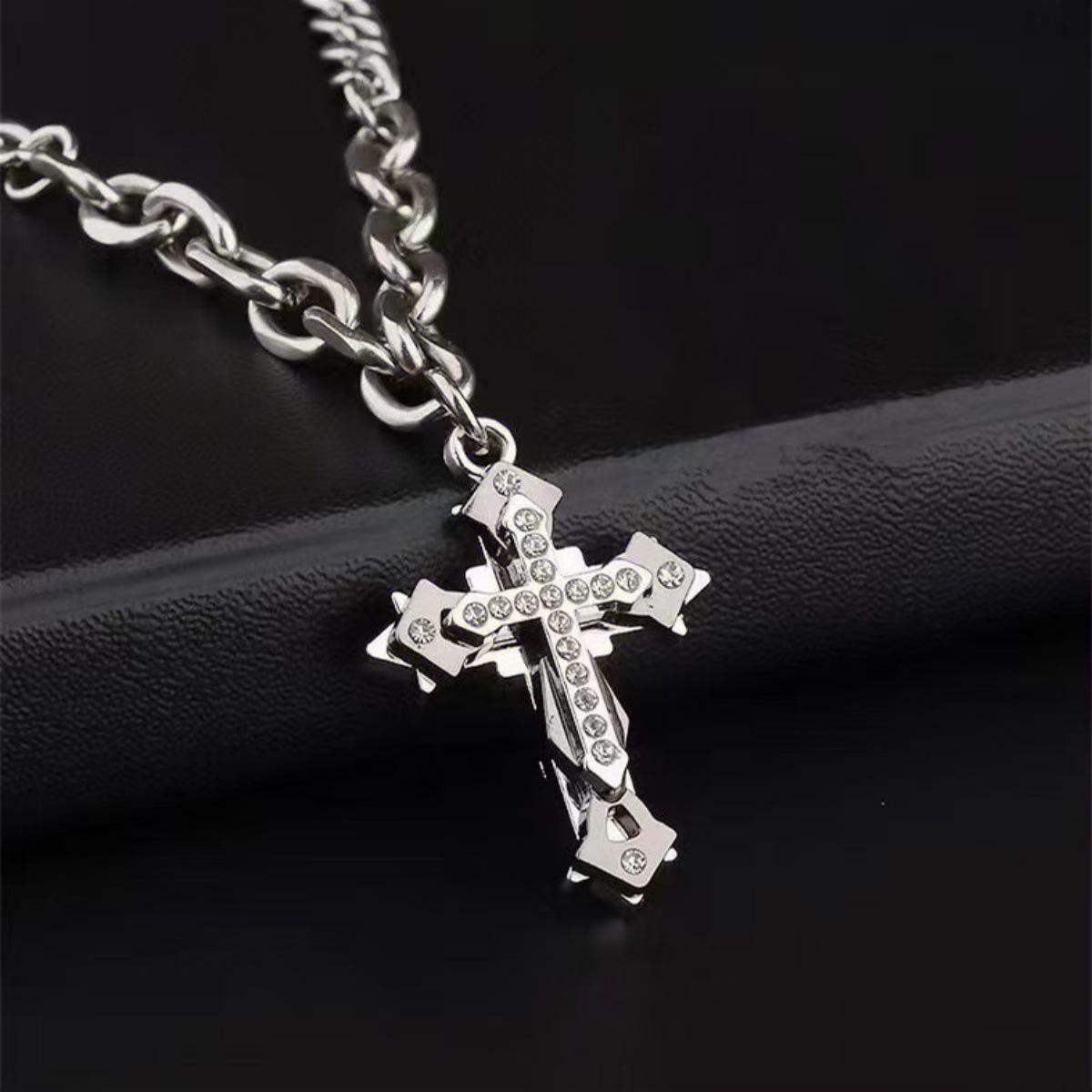 Men s Trendy Rhinestone Cross Necklace - Hip Hop Versatile Multi-layer Sweater Chain