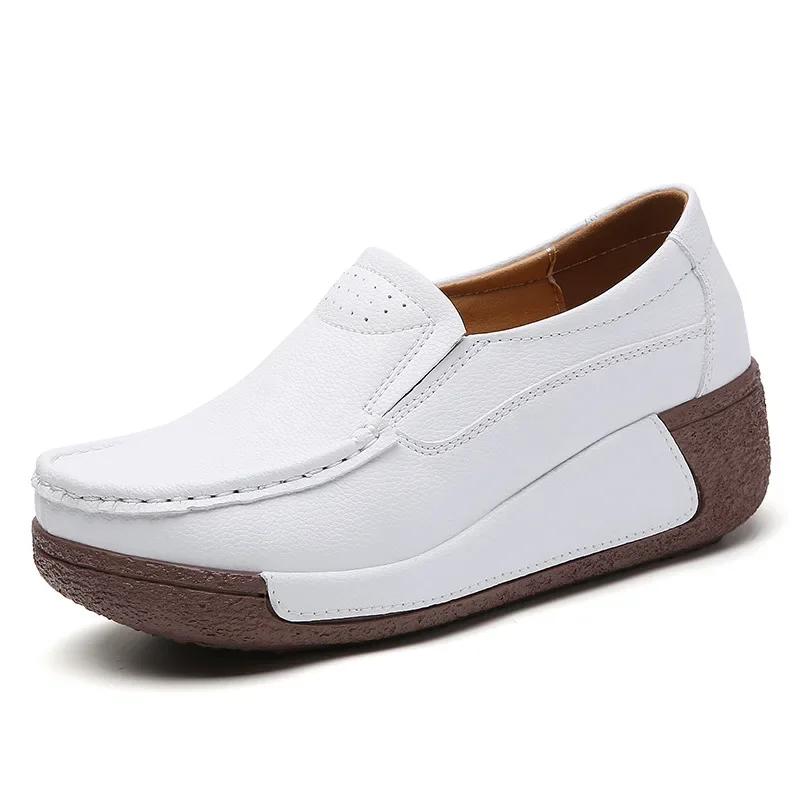 Fashion Spring and Summer Women Fashion Loafers Genuine Leather Moccasins Autumn Slip-on Casual Round Toe Wedge Platform Rocking Shoes