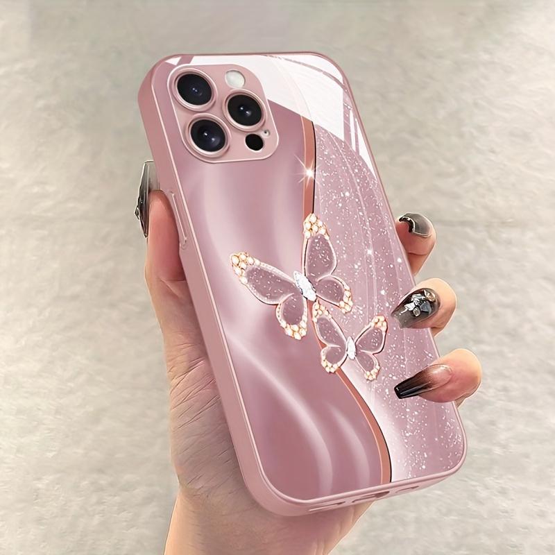 Luxury Pink Glitter Pearl‑Rhinestone Butterfly Electroplated Phone Case foriPhone 17 16 15 14 13 12 11 etc